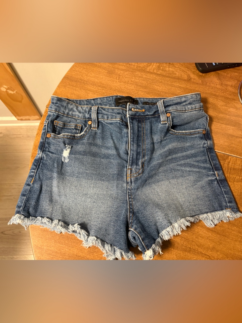 Kendall + Kylie Blue Denim High-Rise Frayed Hem Women's Shorts 7/28